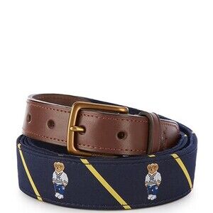 NWT Polo Ralph Lauren MEN'S BELT 38 Polo Bear Leather-Trim Belt